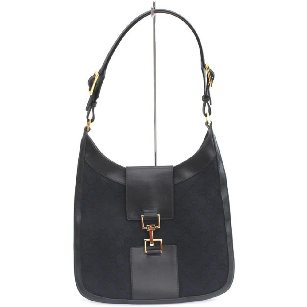 Gucci Canvas Leather Hobo Bag Handbag Black GG